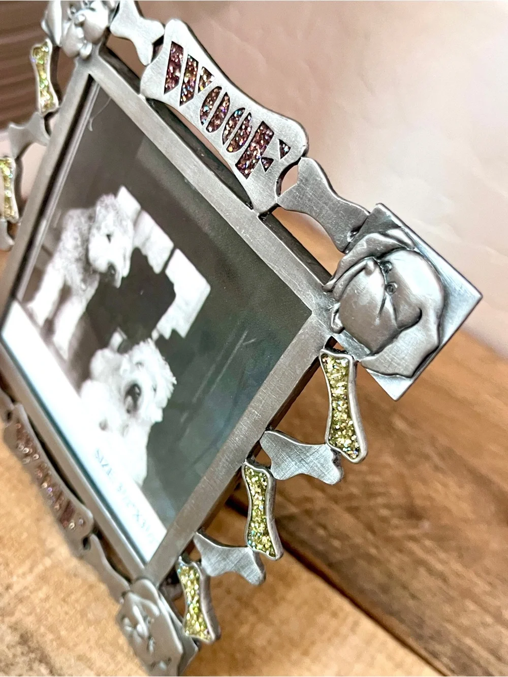 Vintage Heavy Pewter Woof Dog Picture Frame Glitter Bone 5x5
